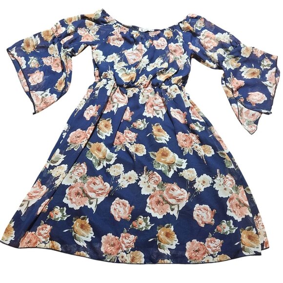 Boho Floral Off-The-Shoulder Dress Womens Medium Wilde Navy/Peach/White Polyeste - Picture 3 of 10